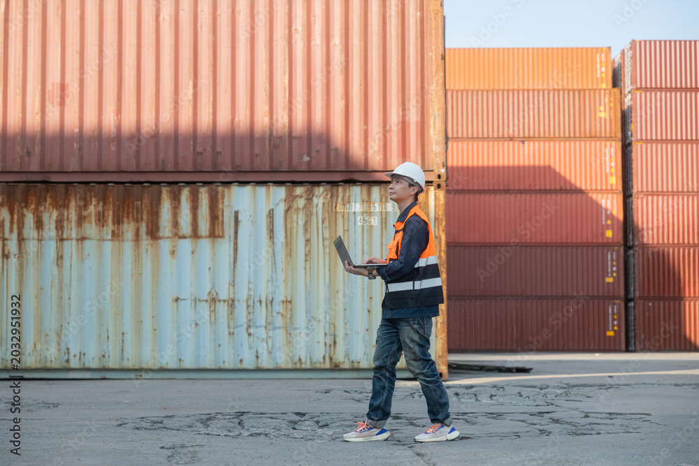 Fototapeta premium Port supervisor pointing and inspecting container stacks