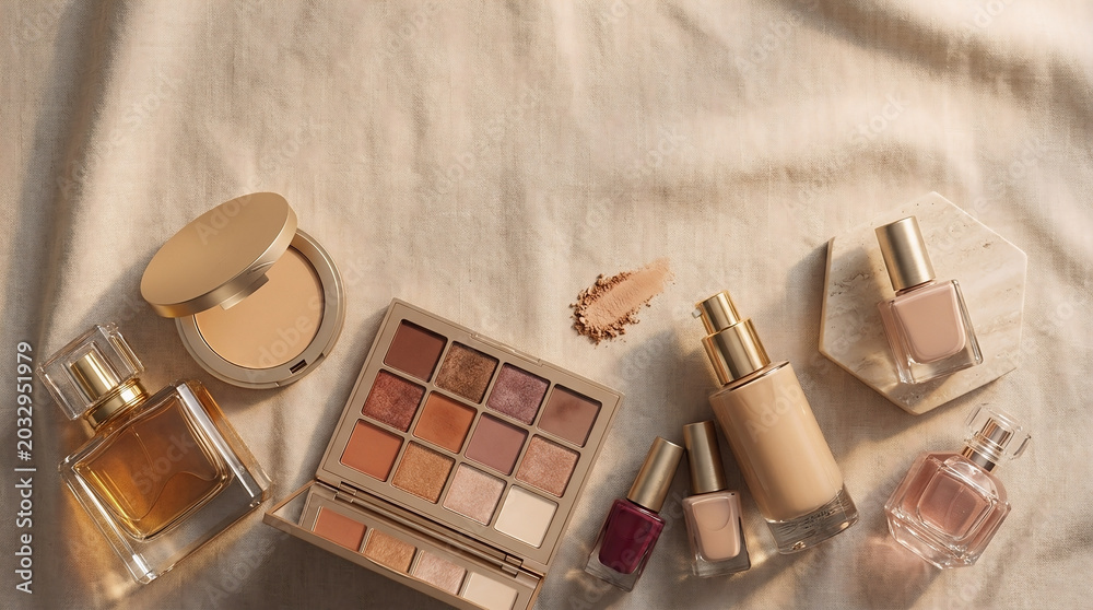 Fototapeta Luxury Cosmetics Flat Lay Background: A premium graphic resource of makeup products on beige fabric with copy space for beauty branding design.