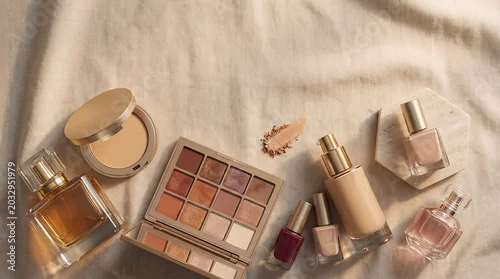 Fototapeta na wymiar Luxury Cosmetics Flat Lay Background: A premium graphic resource of makeup products on beige fabric with copy space for beauty branding design.