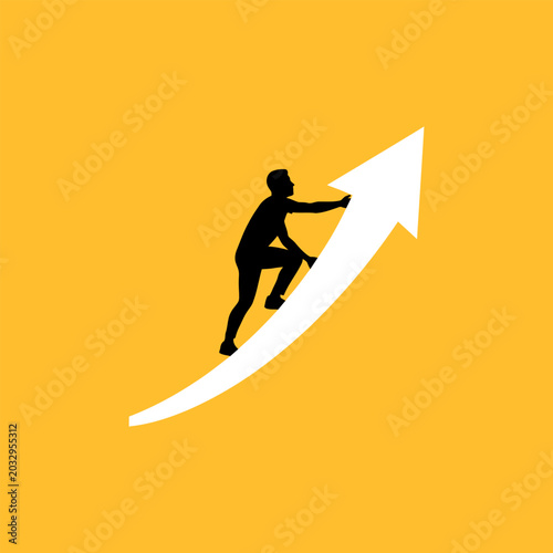 Silhouette of a person climbing up a rising arrow