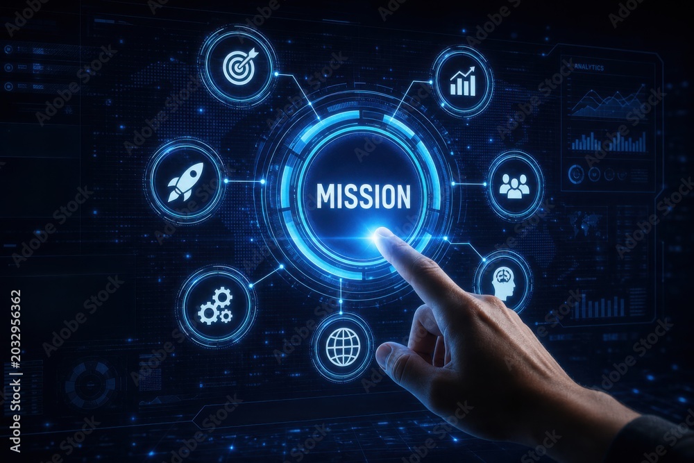 Fototapeta premium A hand pressing a 'MISSION' button on a futuristic digital interface with icons representing business strategy, goals, teamwork, and growth.