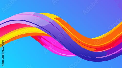 Foto Wavy abstract colorful ribbons flowing across a bright blue gradient background
