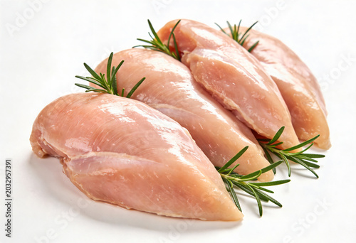 Fresh raw chicken breast fillets with rosemary on white background