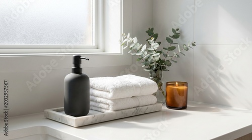 Minimalist bathroom vanity with soap dispenser, towels and candle