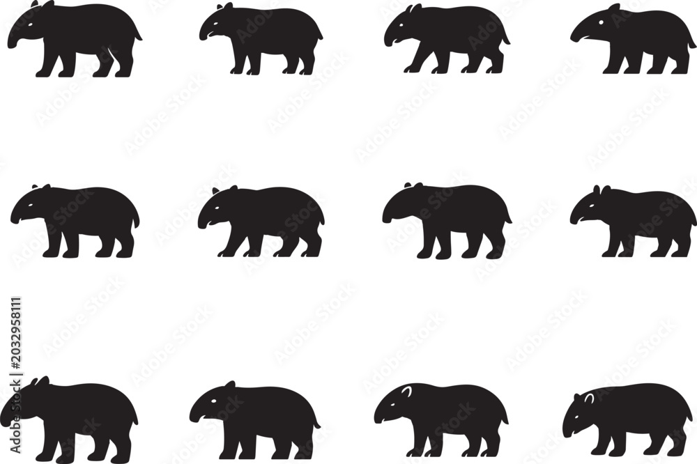 Obraz premium Tapir long snout line art icon isolated on white background. Animal linear symbol vector set.