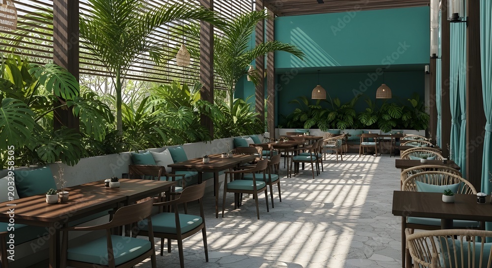Fototapeta premium Elegant rooftop restaurant with lush greenery and comfortable seating