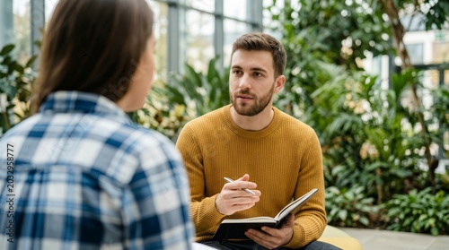 Male university student interviewing a peer for a sociology research study.