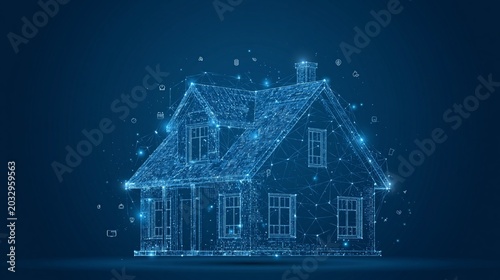 Smart home technology conceptual banner. Building consists digits and connected with icons of domestic smart devices. illustration concept of System intelligent control house on blue background. IOT.