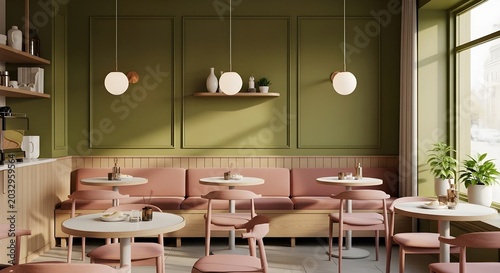 Cozy Cafe Interior With Pink Seating and Green Walls