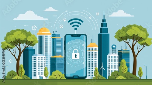 smart phone connection with a smart city. the icon lock on the mobile phone screen. Mobile security, secure wireless connection. The connection is protected. Future concept. Vector illustration.