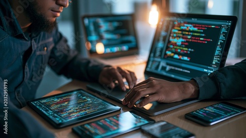Plakat w ramie Software development coding process concept. Programming, testing cross platform code, app on laptop, tablet, phone. Create, editing script desktop and mobile devices. Technology software of business.