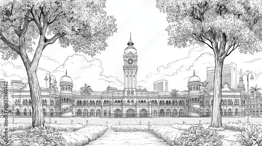 Obraz premium Sultan Abdul Samad Building Dataran Merdeka Line Art Illustration, A black and white line art illustration of the Sultan Abdul Samad Building located at Dataran Merdeka (Merdeka Square) in Kuala
