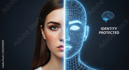 Digital identity protection concept with human face and biometric wireframe