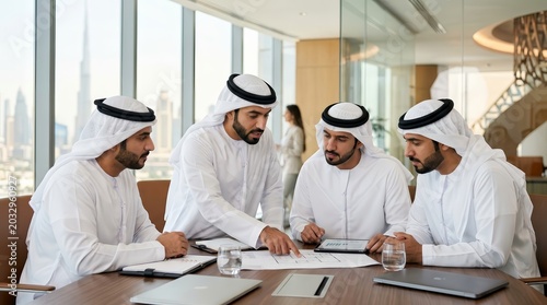 Emirati corporate team collaborating on a project in a contemporary Dubai office