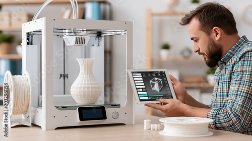 White 3d printer with filament spool. 3d printer printed vase. Maker hold tablet in hand. Mobile interface with 3d model. Tablet showing progress printing 3d model. Additive technology for hobby, diy