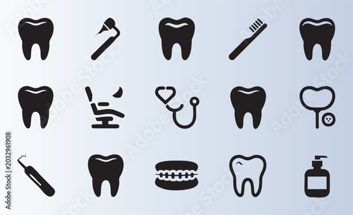 Comprehensive collection of dental care icons including teeth toothbrush and dentist tools illustration
