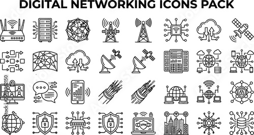 Comprehensive collection of digital networking icons featuring servers satellite technology cloud computing and global communication systems in clean line art style