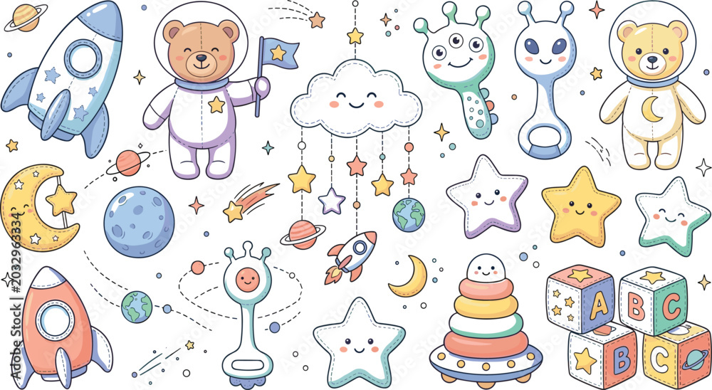 Fototapeta premium Pastel Baby Space Nursery Vector Set Featuring Astronaut Bear Rocket Ship Alien Rattles and Celestial Alphabet Blocks for Whimsical Infant Branding