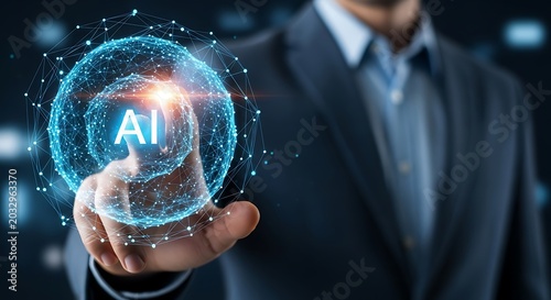 Businessman presenting artificial intelligence concept with glowing blue orb in hand