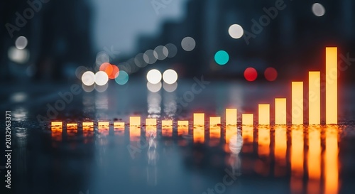 Glowing orange bar graph on wet street at night with blurred city lights