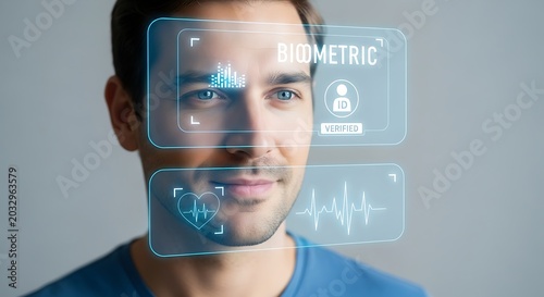 Biometric identification scan on a mans face with digital overlay