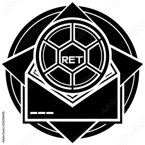 Minimalist Retro Futuristic Hexagonal Emblem Vector Illustration in Monochrome Line Art Style