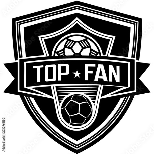 Shield badge with soccer ball and top fan text in bold line art style