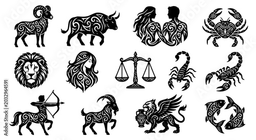 Photography Black tribal zodiac animal icon collection with decorative vector illustrations