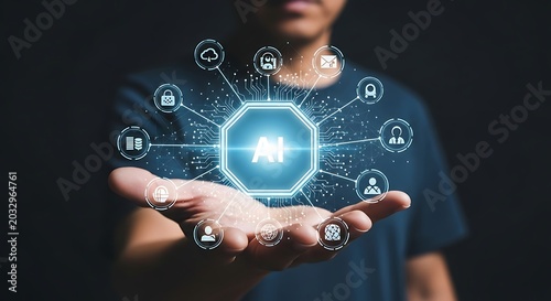 Man presenting artificial intelligence concept with various icons floating above his hand