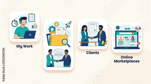 Canvastavla Freelance gig work concept with people working online and collaborating with cli