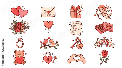 Fotografie Valentine's day icons set with hearts love symbols gifts and romantic elements o