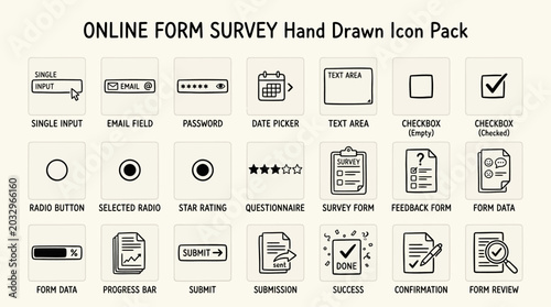 Fotografía Online form survey hand drawn icon pack for business and technology concepts