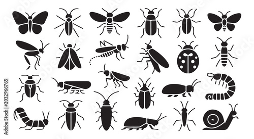 Obraz na płótnie Various insect silhouette icons showing beetles flies butterflies and creepy crawly bugs