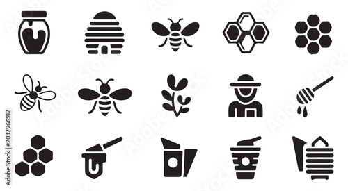 Foto Beekeeping icons with honey jars honeycomb structures beekeeper character and smoker equipment