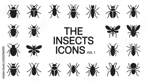 Foto Compilation of various insect icons including ants, beetles, spiders and butterflies