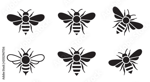 Εκτύπωση καμβά Set of six distinct honey bee silhouettes in various flying poses and angular views