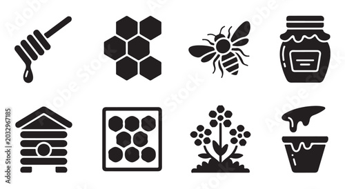 Photos Honey bee icon set collection featuring honeycomb beehive and natural sweet nectar food