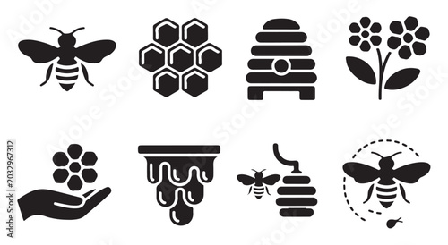 Bild auf Leinwand Honey and bee farm icons including beehive honeycomb and nectar extraction symbol designs