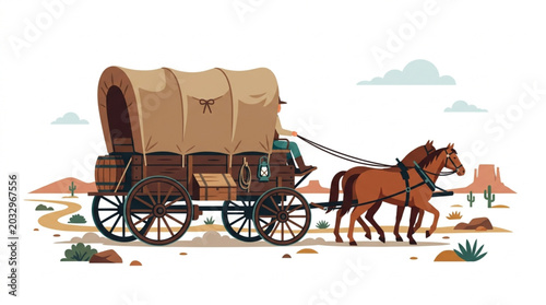 Slika na platnu Old West Covered Wagon Pulled by Two Horses Across Desert Landscape