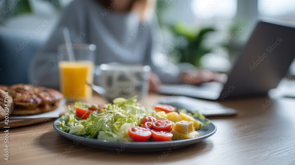 Naklejka premium Woman having healthy meal while working on laptop. Fresh salad with vegetable on plate for lunch break at home office. Mindful eating ritual during busy workday for productive break.