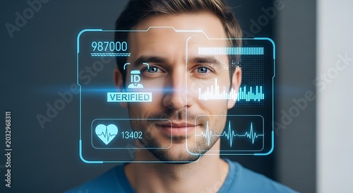 A man with futuristic biometric identification and verification technology on his face