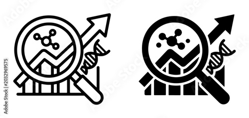Fotografía Scientific Research Icons: Magnifying Glass Over DNA and Molecular Structure wit