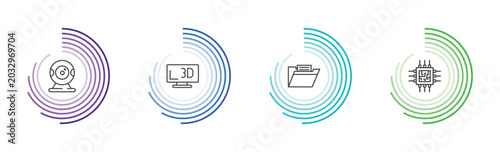 computer and tech icon set with webcamera, 3d screen, computer folder, computer chip signs in flat outline style