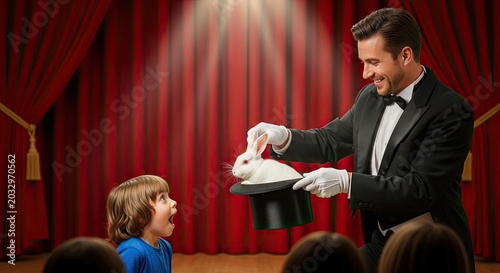 Magician performing a rabbit trick with a child on stage.