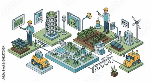 Billede på lærred Isometric illustration of sustainable eco-friendly energy production and management