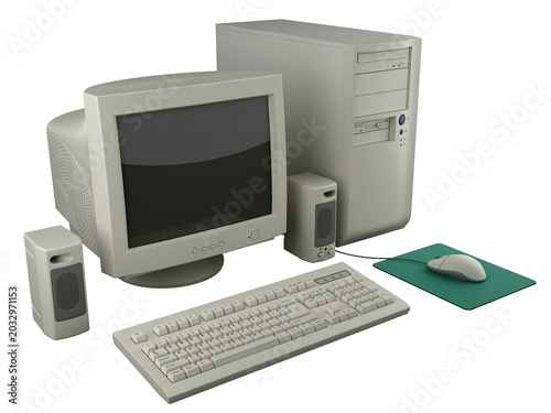 Obraz na płótnie Retro 90s desktop computer setup with CRT monitor, tower case, keyboard, mouse a