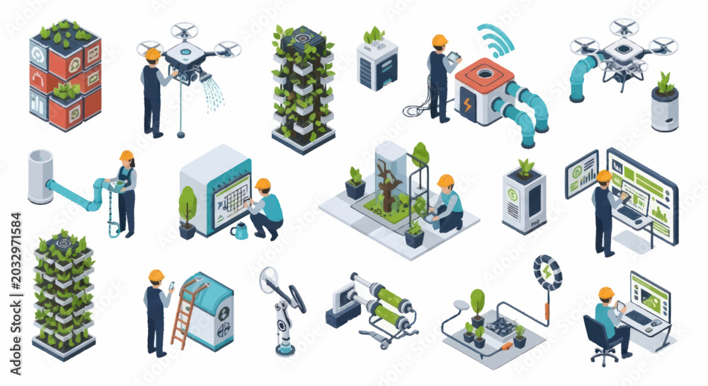 Fototapeta premium Isometric Illustration of Modern Agricultural Technology and Smart Farming.