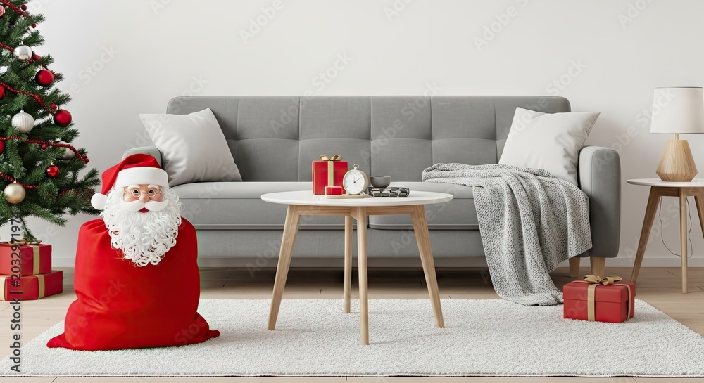 Obraz premium Cozy living room with Santa sack and tree.