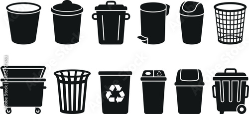 Fotografie Trash can icons: variety of waste bins and garbage cans with container receptacl