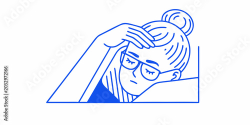 Quadro su tela Woman s face in blue line drawing white background thoughtful expression